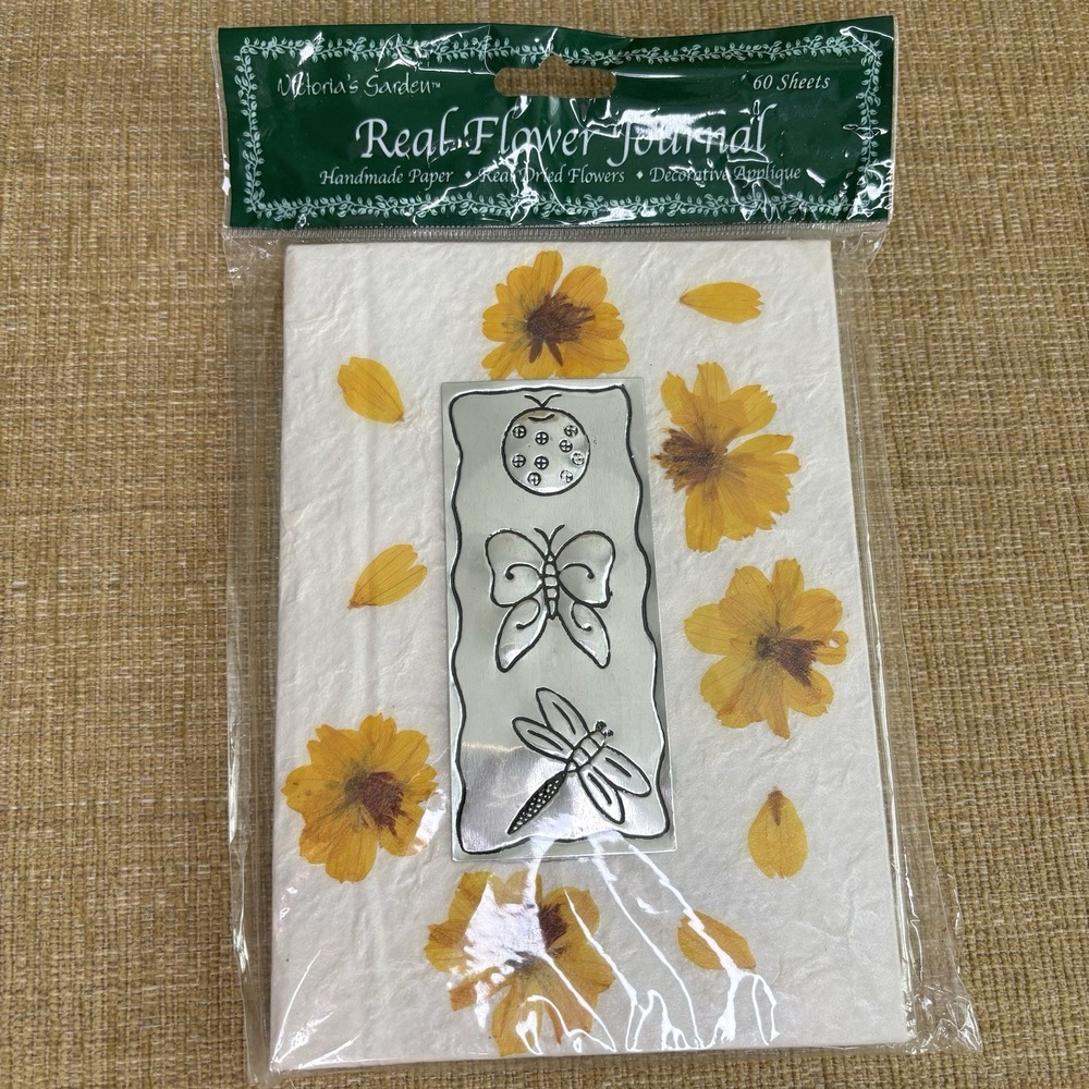 Writing Journal Real Dried Flower Leaves Ladybug Gold Yellow 4x6 Metal Butterfly